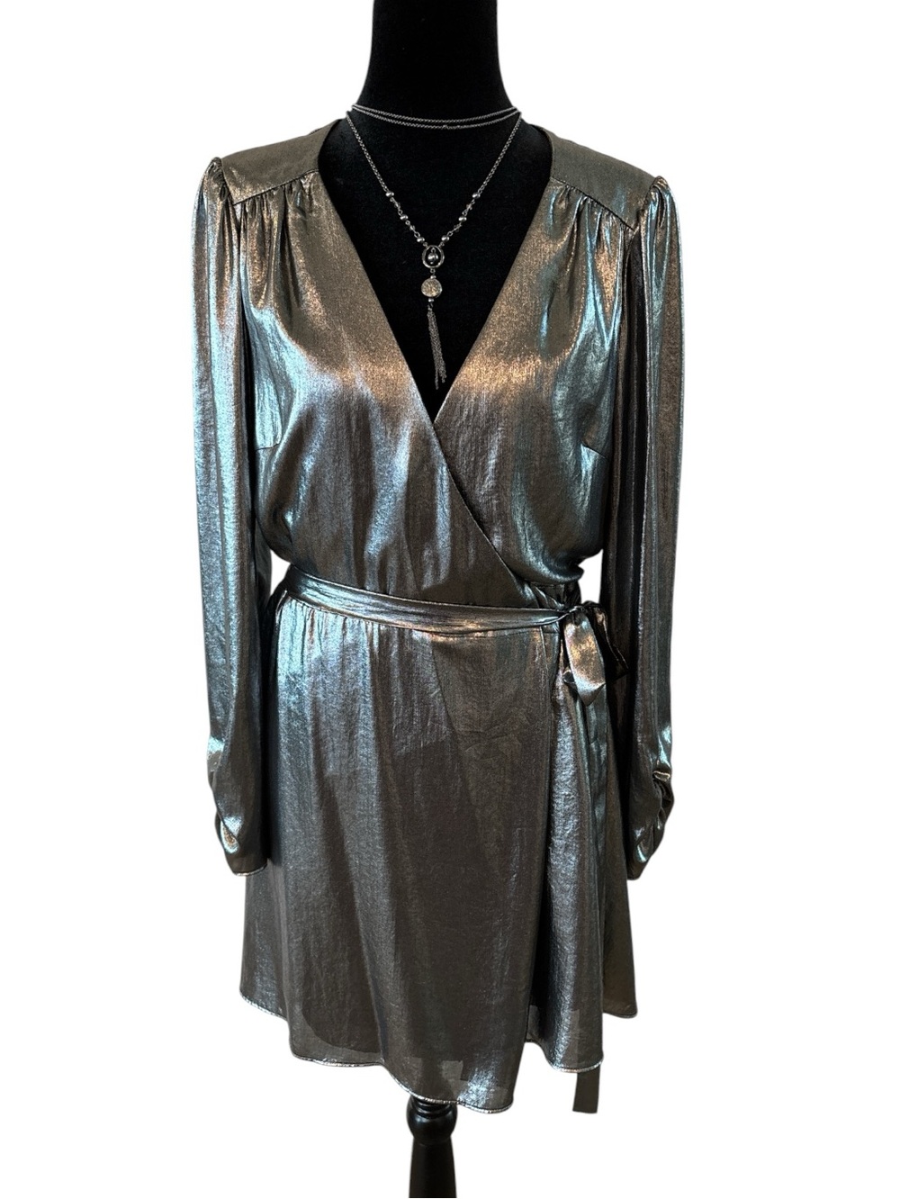 Gianni Bini Metallic Silver Long Sleeve Wrap Dress